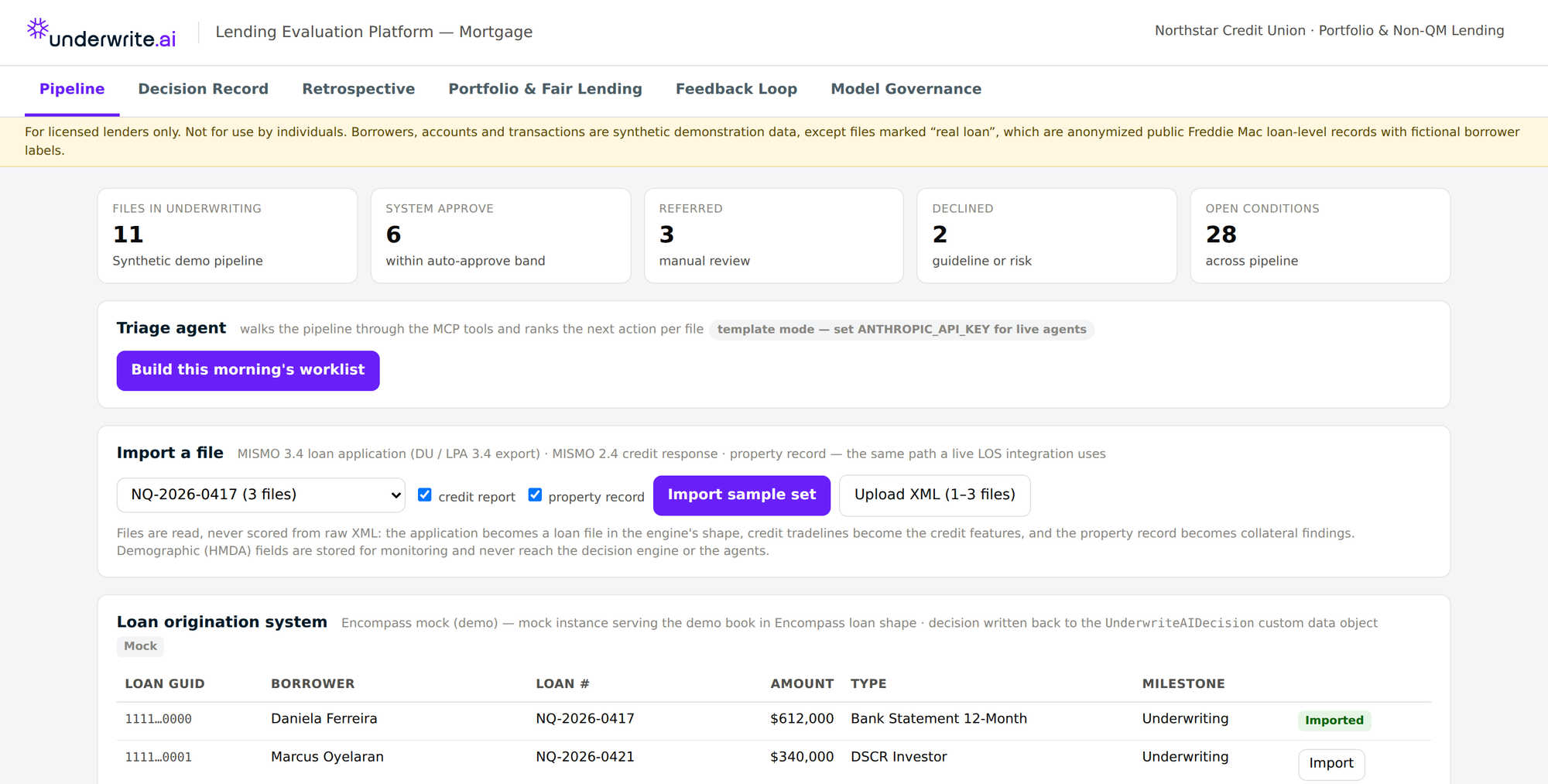 The Underwrite.ai mortgage pipeline: files listed with risk grade, 24-month probability of default, system decision and open conditions.